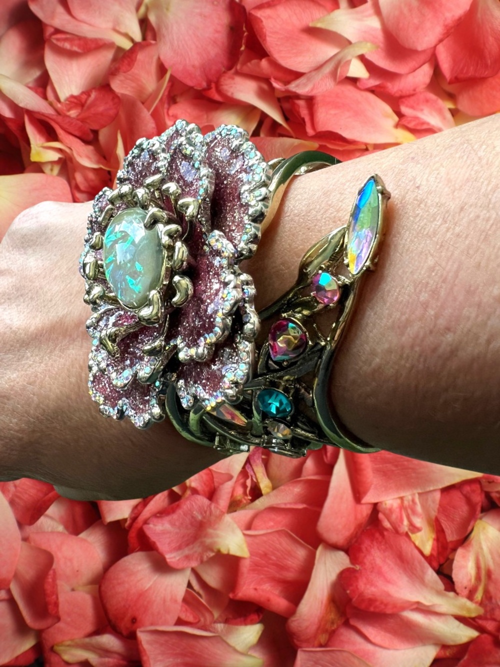 Betsey Johnson Floral Glitter Flower Opal Crystal Hinged Statement Cuff NWT